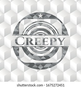 Creepy realistic grey emblem with cube white background