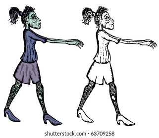 Creepy and really terrific zombie woman. Colored and black and white figures on each own layers.