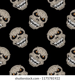 Creepy reaper skull head seamless pattern hand drawn. Spooky creature halloween monster vector illustration isolated on black background for fashion print and wrapping.