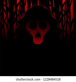 Creepy Red Ghost Face with Long Black Curly Hair in Dark Woods Vector