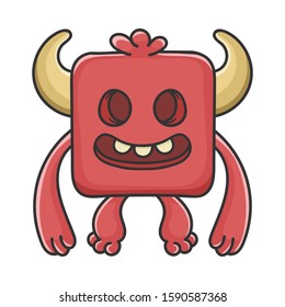 Creepy red square Devil cartoon monster isolated on white