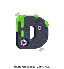 Creepy scaring Halloween alphabet with monster details: eyes, bones and green streaks. Vector flat alphabet letter on a white background. Letter D flat illustration.