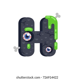 Creepy scaring Halloween alphabet with monster details: eyes, bones and green streaks. Vector flat alphabet letter on a white background. Letter H flat illustration.