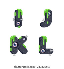 Creepy scaring Halloween alphabet with monster details: eyes, bones and green streaks. Vector flat alphabet letter on a white background. Letters I, J, K, L flat illustration.