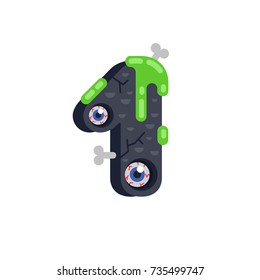 Creepy scaring Halloween numbers with monster details: eyes, bones and green streaks. Vector flat numbers on a white background. Number 1 flat illustration.