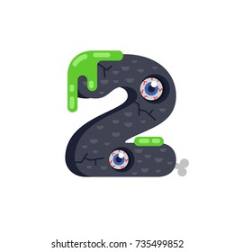 Creepy scaring Halloween numbers with monster details: eyes, bones and green streaks. Vector flat numbers on a white background. Number 2 flat illustration.