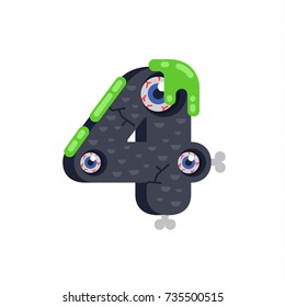 Creepy scaring Halloween numbers with monster details: eyes, bones and green streaks. Vector flat numbers on a white background. Number 4 flat illustration.