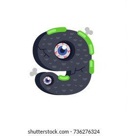 Creepy scaring Halloween numbers with monster details: eyes, bones and green streaks. Vector flat numbers on a white background. Number 9 flat illustration.