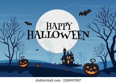 Creepy and Scary Design Illustration of Halloween with pumpkins, trees, ant and dark mansion on blue Moon background. 