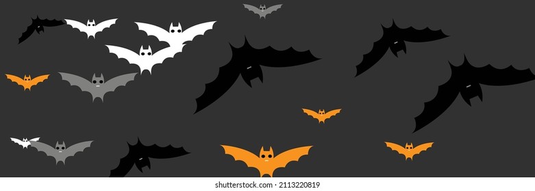 Creepy Scary Dracula Funny Spooky Bats. White Orange Gothic Chaos Monster Bats Background. Grey Vampire Horror Faces Cartoon Backdrop. Black Fear Party Mysterious Sky Halloween Art Illustration.