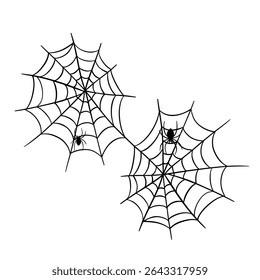 Coleção de elementos assustadores assustadores para a ocasião do Halloween. Teia de aranha, aranha e teia. Decorações de terror arte de linha desenhada à mão 