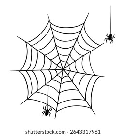 Creepy scary element colection for Halloween occasion. Spiderweb, spider and web. Horror decorations line art hand drawn 