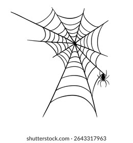 Creepy scary element colection for Halloween occasion. Spiderweb, spider and web. Horror decorations line art hand drawn 