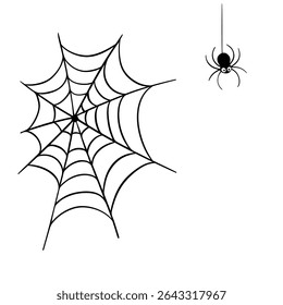 Creepy scary element colection for Halloween occasion. Spiderweb, spider and web. Horror decorations line art hand drawn 