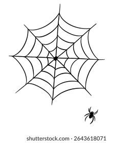 Coleção de elementos assustadores assustadores para a ocasião do Halloween. Teia de aranha, aranha e teia. Decorações de terror arte de linha desenhada à mão 