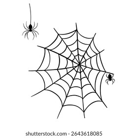 Creepy scary element colection for Halloween occasion. Spiderweb, spider and web. Horror decorations line art hand drawn 