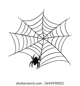 Creepy scary element colection for Halloween occasion. Spiderweb, spider and web. Horror decorations line art hand drawn 