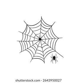 Coleção de elementos assustadores assustadores para a ocasião do Halloween. Teia de aranha, aranha e teia. Decorações de terror arte de linha desenhada à mão 