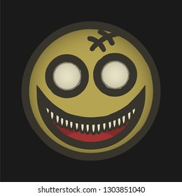 Creepy And Scary Emoji On A Black Background, A Zombie Face With A Smile