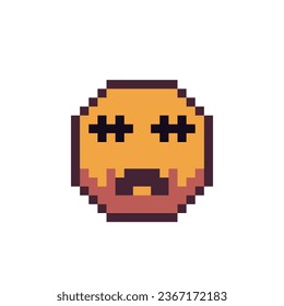 Creepy beängstigend halloween Gesicht, Pixel Art flach Stil Symbol, gelbe Entität Kopf Cartoon Charakter, Smiley mit nähten Augen. 8-Bit. Sprachgefühl. Abstrakte einzelne Vektorgrafik.