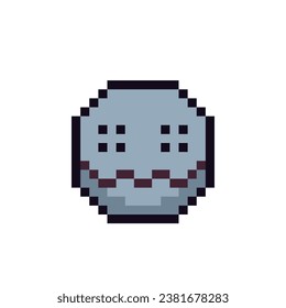 Creepy scary halloween face, pixel art icon, demonic head cartoon character, grey smiley. 8-bit. Show language emotion. Flat style. Isolated abstract vector illustration.