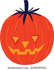 Creepy scary pumpkin with an evil muzzle, An illustration in a modern childish hand-drawn style
