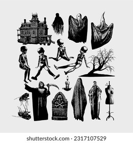 Creepy Scary Vectors Isolated, Ghosts, Tomb, Mansion, Halloween, Death, Doll, Vector Element Pack, Icon Set, Black, Tattoo