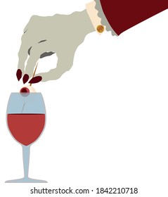 Creepy scene with elegant vampire hand serving a eye in a glass with bloody drink