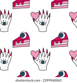 Creepy seamless pattern with doodle witch hands, hearts, eyes and cakes.