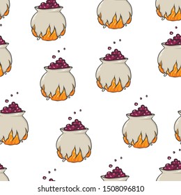 Creepy seamless pattern of pot with poison for Halloween. Autumn holiday vector illustration for textile design, wrapping paper, wallpaper and background