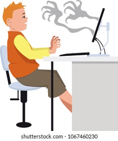 Creepy shadow hands coming out of a computer screen reaching to a frightened boy, EPS 8 vector illustration