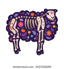 Creepy sheep with drawn skeleton on white background. Mexico's D