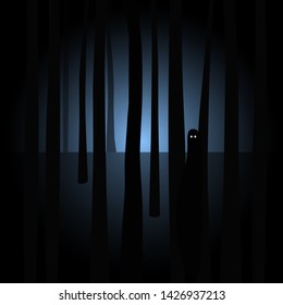 Creepy silhouette with eyes in spooky dark forest. Vector illustration