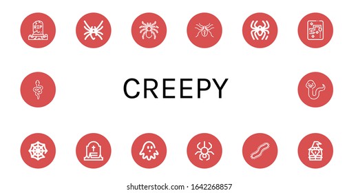 creepy simple icons set. Contains such icons as Grave, Black widow, Tarantula, Spider, Snake, Spider web, Haunted house, Centipede, Witch, can be used for web, mobile and logo