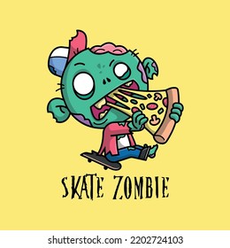 A CREEPY SKATING ZOMBIE IS BITING A SLICE OF PIZZA CARTOON ILLUSTRATION