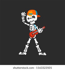 Creepy skeleton character in baseball cap playing guitar vector Illustration