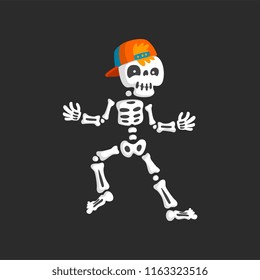 Creepy skeleton character in baseball cap dancing rap vector Illustration