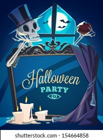 Creepy skeleton. Halloween card\poster. Vector illustration.