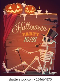 Creepy Skeleton. Halloween Card\poster. Vector Illustration.