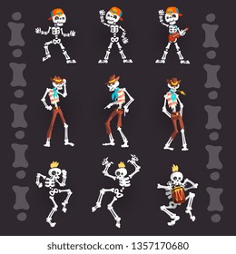 Creepy skeletons characters set, skeleton rapper in baseball cap, cowboy and punk vector Illustrations