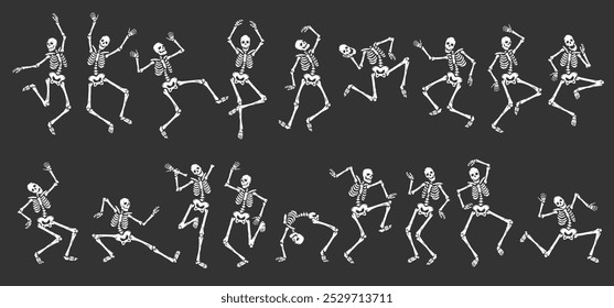 Espeluznantes esqueletos bailando. Divertidos personajes de horror de halloween en diferentes poses, día de mascotas muertas, feliz calavera y huesos de vacaciones, decorativo estilo plano de dibujos animados aislado ordenado conjunto de Vectores