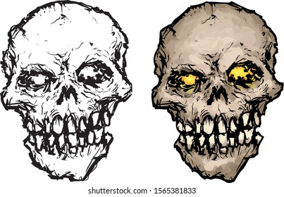 a creepy skull with burning eyes