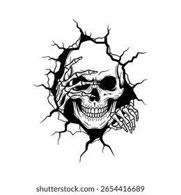Creepy Skull Cracking Wall, Horror Skeleton Clipart, Halloween Skull Vector, Spooky Skull Silhouette