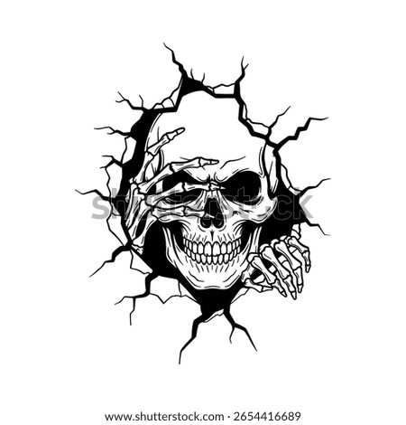 Creepy Skull Cracking Wall, Horror Skeleton Clipart, Halloween Skull Vector, Spooky Skull Silhouette