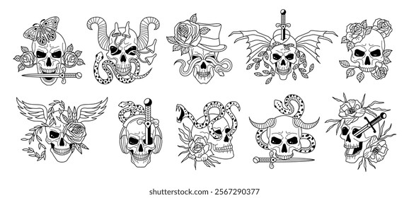 Creepy skull. Death symbols skull tattoo illustrations recent vector design template set