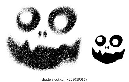 A creepy skull face featuring large hollow eyes, created with both scattered dots and a solid version. Vector illustration.