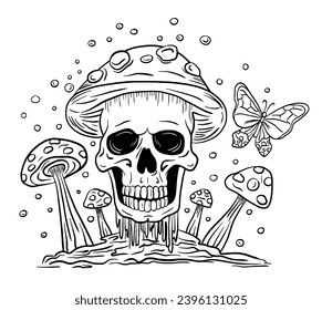 Creepy skull fly agaric mushrooms and butterfly hand draw vector coloring page. Dark illustration devil demon horror skull bones head