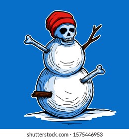 Creepy skull head snowman waring beanie hat with twig and bone stuck in the body illustration character hand drawn tattoo sticker design for winter season concept