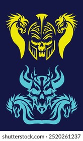 Creepy skull heads with two different style options, they look like combat-ready troops, suitable for use as logos and the use of a print media on the skin called a tattoo.