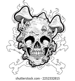Creepy Skull mushroom hand draw vector coloring page 